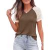 imagePRETTYGARDEN Womens Summer Tops Casual 2026 Lace Raglan Short Sleeve T Shirts Basic Tees Spring Fashion Blouse ClothesDark Khaki