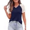 imagePRETTYGARDEN Womens Summer Tops Casual 2026 Lace Raglan Short Sleeve T Shirts Basic Tees Spring Fashion Blouse ClothesNavy Blue