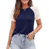 imagePRETTYGARDEN Womens Summer Tops Casual 2026 Lace Raglan Short Sleeve T Shirts Basic Tees Spring Fashion Blouse ClothesNavy Blue