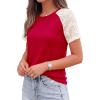 imagePRETTYGARDEN Womens Summer Tops Casual 2026 Lace Raglan Short Sleeve T Shirts Basic Tees Spring Fashion Blouse ClothesRed