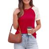 imagePRETTYGARDEN Womens Summer Tops Casual 2026 Lace Raglan Short Sleeve T Shirts Basic Tees Spring Fashion Blouse ClothesRed