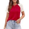 imagePRETTYGARDEN Womens Summer Tops Casual 2026 Lace Raglan Short Sleeve T Shirts Basic Tees Spring Fashion Blouse ClothesRed