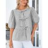 imagePRETTYGARDEN Womens Tie Front Striped Shirt 2026 Summer Trendy Fashion Cute Babydoll Tops Peplum Puffy Sleeve BlouseBlack