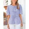 imagePRETTYGARDEN Womens Tie Front Striped Shirt 2026 Summer Trendy Fashion Cute Babydoll Tops Peplum Puffy Sleeve BlouseBlue