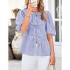 imagePRETTYGARDEN Womens Tie Front Striped Shirt 2026 Summer Trendy Fashion Cute Babydoll Tops Peplum Puffy Sleeve BlouseBlue