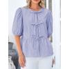 imagePRETTYGARDEN Womens Tie Front Striped Shirt 2026 Summer Trendy Fashion Cute Babydoll Tops Peplum Puffy Sleeve BlouseBlue