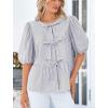 imagePRETTYGARDEN Womens Tie Front Striped Shirt 2026 Summer Trendy Fashion Cute Babydoll Tops Peplum Puffy Sleeve BlouseGrey Blue