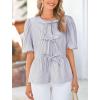 imagePRETTYGARDEN Womens Tie Front Striped Shirt 2026 Summer Trendy Fashion Cute Babydoll Tops Peplum Puffy Sleeve BlouseGrey Blue