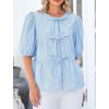 imagePRETTYGARDEN Womens Tie Front Striped Shirt 2026 Summer Trendy Fashion Cute Babydoll Tops Peplum Puffy Sleeve BlouseLight Blue