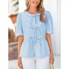 imagePRETTYGARDEN Womens Tie Front Striped Shirt 2026 Summer Trendy Fashion Cute Babydoll Tops Peplum Puffy Sleeve BlouseLight Blue
