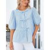 imagePRETTYGARDEN Womens Tie Front Striped Shirt 2026 Summer Trendy Fashion Cute Babydoll Tops Peplum Puffy Sleeve BlouseLight Blue