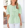 imagePRETTYGARDEN Womens Tie Front Striped Shirt 2026 Summer Trendy Fashion Cute Babydoll Tops Peplum Puffy Sleeve BlouseLight Green