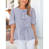 imagePRETTYGARDEN Womens Tie Front Striped Shirt 2026 Summer Trendy Fashion Cute Babydoll Tops Peplum Puffy Sleeve BlouseNavy