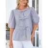 imagePRETTYGARDEN Womens Tie Front Striped Shirt 2026 Summer Trendy Fashion Cute Babydoll Tops Peplum Puffy Sleeve BlouseNavy