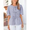imagePRETTYGARDEN Womens Tie Front Striped Shirt 2026 Summer Trendy Fashion Cute Babydoll Tops Peplum Puffy Sleeve BlouseNavy