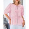 imagePRETTYGARDEN Womens Tie Front Striped Shirt 2026 Summer Trendy Fashion Cute Babydoll Tops Peplum Puffy Sleeve BlousePink