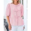 imagePRETTYGARDEN Womens Tie Front Striped Shirt 2026 Summer Trendy Fashion Cute Babydoll Tops Peplum Puffy Sleeve BlousePink