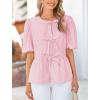 imagePRETTYGARDEN Womens Tie Front Striped Shirt 2026 Summer Trendy Fashion Cute Babydoll Tops Peplum Puffy Sleeve BlousePink