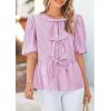 imagePRETTYGARDEN Womens Tie Front Striped Shirt 2026 Summer Trendy Fashion Cute Babydoll Tops Peplum Puffy Sleeve BlousePurple Red