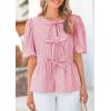 imagePRETTYGARDEN Womens Tie Front Striped Shirt 2026 Summer Trendy Fashion Cute Babydoll Tops Peplum Puffy Sleeve BlouseRed
