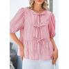 imagePRETTYGARDEN Womens Tie Front Striped Shirt 2026 Summer Trendy Fashion Cute Babydoll Tops Peplum Puffy Sleeve BlouseRed