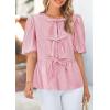imagePRETTYGARDEN Womens Tie Front Striped Shirt 2026 Summer Trendy Fashion Cute Babydoll Tops Peplum Puffy Sleeve BlouseRed