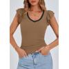 imagePRETTYGARDEN Womens V Neck Summer Tops Ruffle Sleeveless Slim Fit T Shirts Going Out Casual Blouses 2026Camel