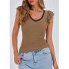 imagePRETTYGARDEN Womens V Neck Summer Tops Ruffle Sleeveless Slim Fit T Shirts Going Out Casual Blouses 2026Camel