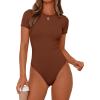 imagePRETTYGARDEN Body Suits for Womens Summer Tops 2026 Casual Short Sleeve Ribbed Fitted Basic Tee Shirts Spring Fashion ClothesCamel