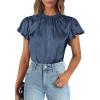 imagePRETTYGARDEN Business Casual Tops for Women Blouses Dressy 2026 Summer Short Sleeve Ruffle Satin Work Office AttireGrey Blue