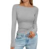 imagePRETTYGARDEN Long Sleeve Shirts for Women 2026 Fall Boat Neck Ribbed Knit Ruched Spring Going Out Tops Casual Basic TeesLight Grey