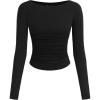 imagePRETTYGARDEN Long Sleeve Shirts for Women 2026 Fall Ruched Sides Boat Neck Basic Tee Casual Fitted Ribbed Knit Crop TopsBlack