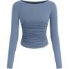 imagePRETTYGARDEN Long Sleeve Shirts for Women 2026 Fall Ruched Sides Boat Neck Basic Tee Casual Fitted Ribbed Knit Crop TopsBlue Grey