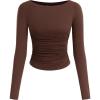 imagePRETTYGARDEN Long Sleeve Shirts for Women 2026 Fall Ruched Sides Boat Neck Basic Tee Casual Fitted Ribbed Knit Crop TopsBrown