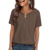 imagePRETTYGARDEN Waffle Knit Tops for Women Short Sleeve Henley Shirts 2026 Summer Blouses Dressy Casual Spring Fashion ClothesCoffee