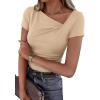 imagePRETTYGARDEN Womens 2026 Summer Asymmetrical Y2K Tops Trendy Ribbed Short Sleeve Fitted Tee Shirts Spring Fashion ClothingLight Khaki