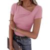 imagePRETTYGARDEN Womens 2026 Summer Asymmetrical Y2K Tops Trendy Ribbed Short Sleeve Fitted Tee Shirts Spring Fashion ClothingPink