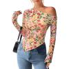 imagePRETTYGARDEN Womens Fall Trendy Off Shoulder Y2k Tops 2026 Tie Dye Mesh Long Sleeve Shirts Asymmetrical Ruched Floral BlouseFloral Apricot Multi