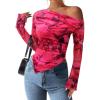 imagePRETTYGARDEN Womens Fall Trendy Off Shoulder Y2k Tops 2026 Tie Dye Mesh Long Sleeve Shirts Asymmetrical Ruched Floral BlouseFloral Rose Red