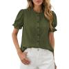 imagePRETTYGARDEN Womens Puff Short Sleeve Tops 2026 Summer Spring Button Down Boho Embroidered Cute Blouse Dressy Casual ShirtsArmy Green