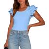 imagePRETTYGARDEN Womens Ruffle Short Sleeve Shirts 2026 Summer Casual Basic Tee Cute Fitted Crew Neck Fashion Tops ClothesLight Blue
