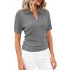 imagePRETTYGARDEN Womens Short Sleeve Sweater 2026 Spring Polo Shirts Ribbed Knit V Neck Business Casual Tops Summer Work ClothesGrey