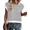 imagePRETTYGARDEN Womens Short Sleeve Sweater Spring Summer 2026 Round Neck Striped Pullover Cap Sleeve Knit Sweater Vest TopsWhite
