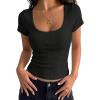 imagePRETTYGARDEN Womens Short Sleeve Tops 2026 Summer Lace Trim Square Neck Slim Fitted Going Out Basic Tee Shirts Y2K ClothesBlack