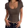 imagePRETTYGARDEN Womens Short Sleeve Tops 2026 Summer Lace Trim Square Neck Slim Fitted Going Out Basic Tee Shirts Y2K ClothesBrown