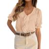 imagePRETTYGARDEN Womens Summer Dressy Casual Blouses 2026 Short Sleeve V Neck Ruffle Business Work Tops Trendy Spring OutfitsLight Khaki