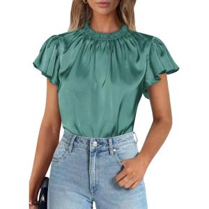 imagePRETTYGARDEN Business Casual Tops for Women Blouses Dressy 2026 Summer Short Sleeve Ruffle Satin Work Office AttireAqua Green