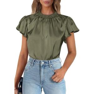 imagePRETTYGARDEN Business Casual Tops for Women Blouses Dressy 2026 Summer Short Sleeve Ruffle Satin Work Office AttireArmy Green