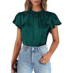 imagePRETTYGARDEN Business Casual Tops for Women Blouses Dressy 2026 Summer Short Sleeve Ruffle Satin Work Office AttireDark Green