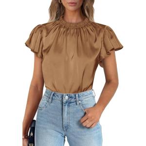 imagePRETTYGARDEN Business Casual Tops for Women Blouses Dressy 2026 Summer Short Sleeve Ruffle Satin Work Office AttireDark Khaki